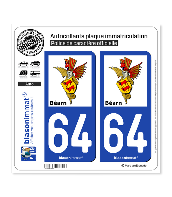 64 Béarn - Armoiries II | Autocollant plaque immatriculation