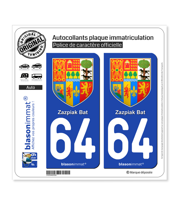 64 Pays Basque - Armoiries | Autocollant plaque immatriculation
