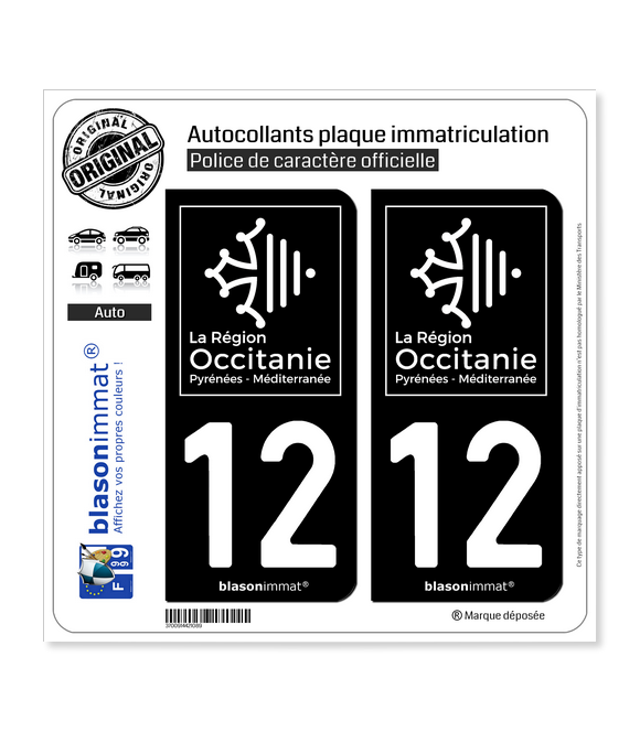 12 Occitanie - LogoType Black | Autocollant plaque immatriculation