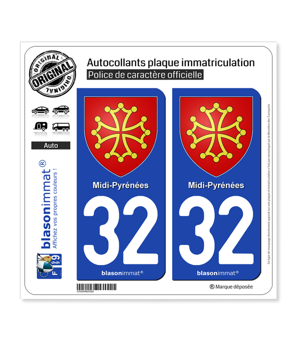 32 Midi-Pyrénées - Armoiries | Autocollant plaque immatriculation