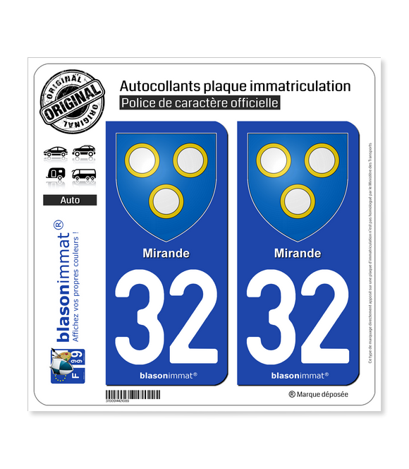 32 Mirande - Armoiries | Autocollant plaque immatriculation
