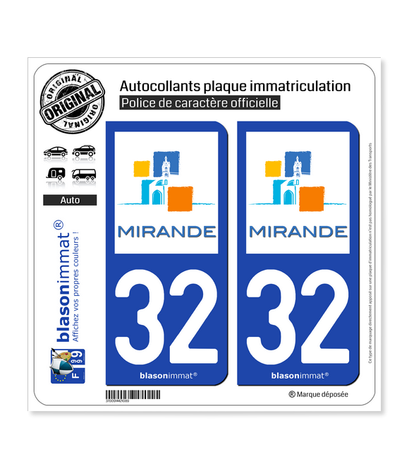 32 Mirande - Ville | Autocollant plaque immatriculation