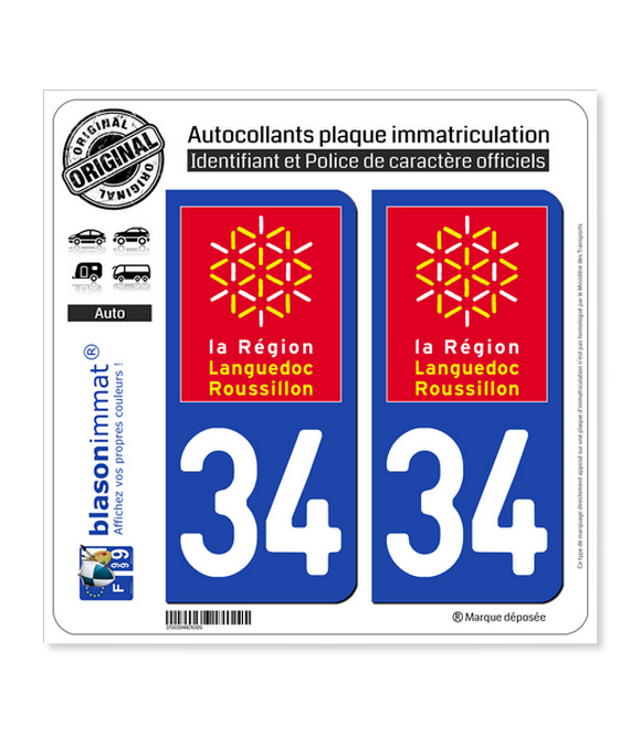 34 Languedoc-Roussillon - LogoType | Autocollant plaque immatriculation