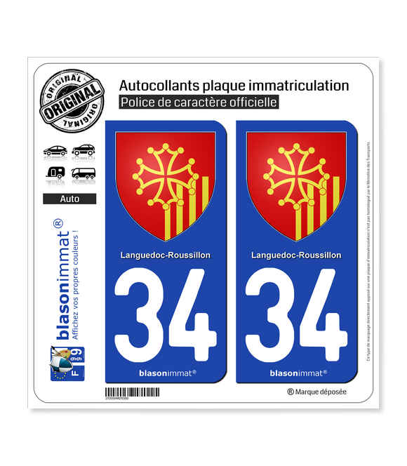 34 Languedoc-Roussillon - Armoiries | Autocollant plaque immatriculation