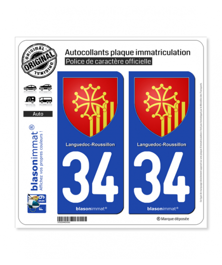 Autocollants 34 avec Blason Région Languedoc-Roussillon pour Plaque