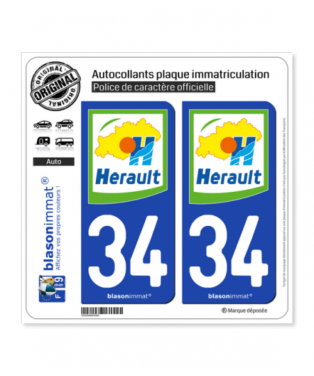 Autocollants Immatriculation Département 34 Hérault - Lot De 4 - Noir & F
