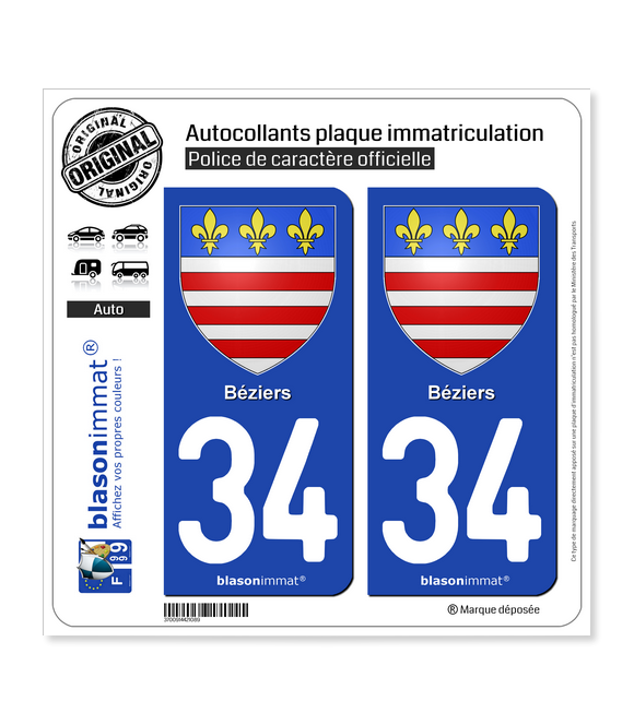 34 Béziers - Armoiries | Autocollant plaque immatriculation