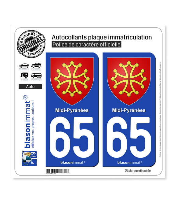 65 Midi-Pyrénées - Armoiries | Autocollant plaque immatriculation