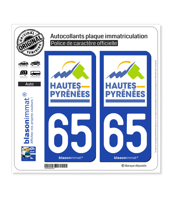 DEP Autocollant Stickers plaque d'immatriculation DEP 65 Région Midi-Pyrénées 