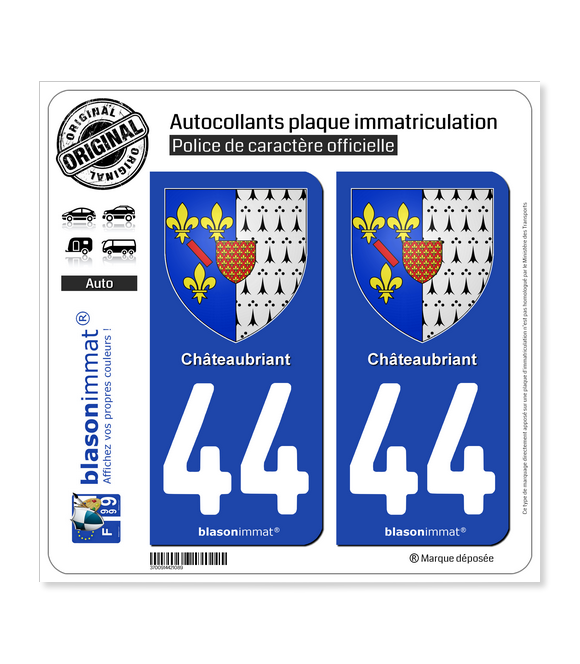 44 Châteaubriant - Armoiries | Autocollant plaque immatriculation