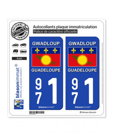 Lot De 4 Autocollants Plaque Immatriculation 971 Guadeloupe - Noir & F Europe - Dimensions 45x100 Mm