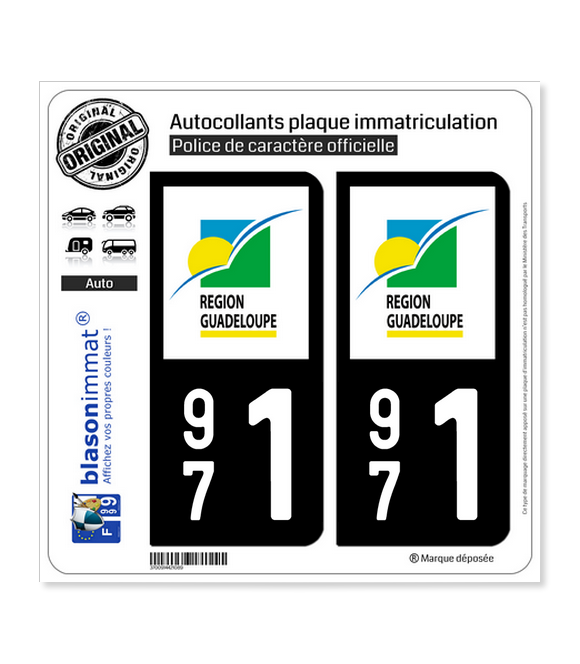 2 Autocollants Guadeloupe 971 - Plaque Immatriculation Département, Résistants UV