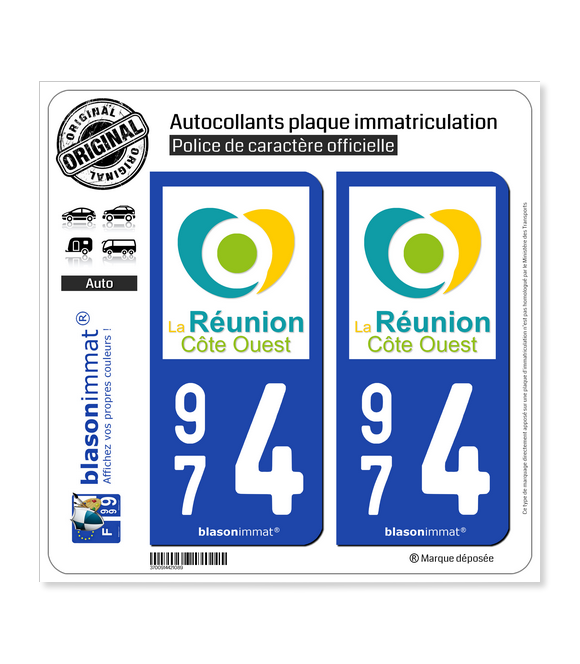 974 Réunion - Côte Ouest | Autocollant plaque immatriculation