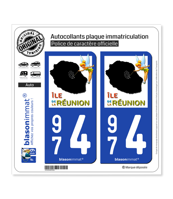 974 Réunion - Fée Clochette | Autocollant plaque immatriculation