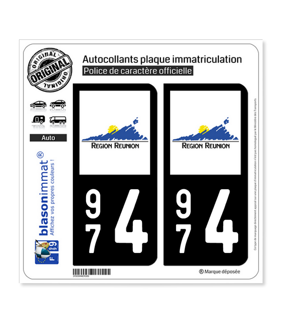 Autocollants Plaque Immatriculation 974 Réunion - Lot De 2 Stickers Officiels 45x100mm | Département DROM