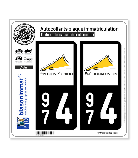 2 Autocollants Plaque Immatriculation 974 Réunion – Rényon Drapée, Vinyle HD Résistant UV & Intempéries, Fabriqué En France