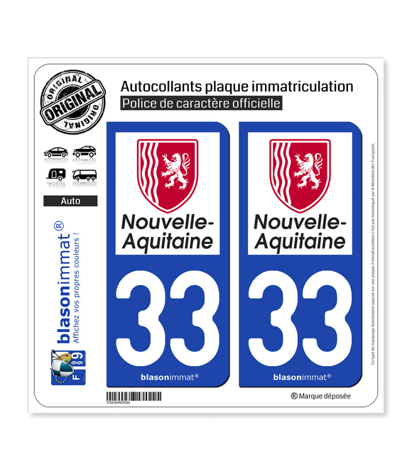 33 Nouvelle-Aquitaine - Région | Autocollant plaque immatriculation