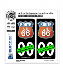 US Route 66 - Couleurs | Autocollant plaque immatriculation (Fond Noir)