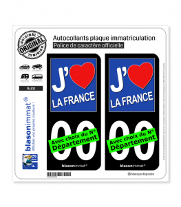 France - J'aime | Autocollant plaque immatriculation (Fond Noir)