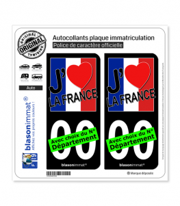 France - J'aime Drapé | Autocollant plaque immatriculation (Fond Noir)