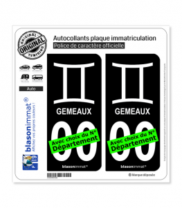 Gémeau - Symbole | Autocollant plaque immatriculation (Fond Noir)