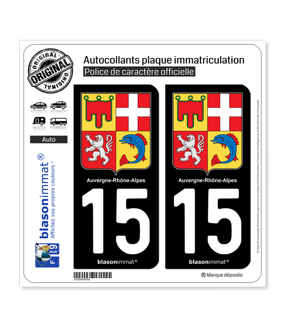 Autocollant 43 Haute-Loire Avec Blason Auvergne-Rhône-Alpes - 9,8x4,5cm - Pour Plaque Immatriculation