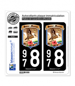 2 Stickers autocollant plaque immatriculation 978 Saint Martin Armoiries 