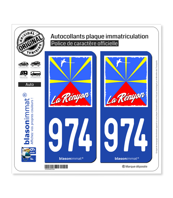 974-H Réunion - Rényon Drapée | Autocollant plaque immatriculation