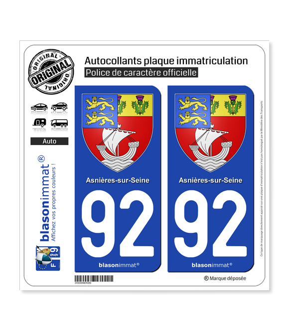 92 Asnières-sur-Seine - Armoiries | Autocollant plaque immatriculation