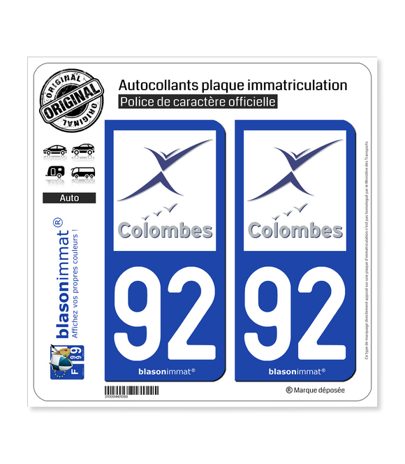 92 Colombes - Ville | Autocollant plaque immatriculation