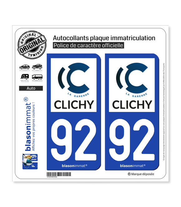 92 Clichy - Ville | Autocollant plaque immatriculation