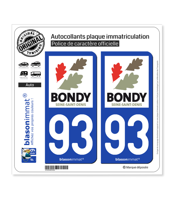 93 Bondy - Ville | Autocollant plaque immatriculation