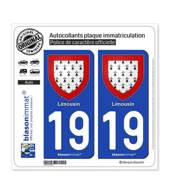 19 Limousin - Armoiries | Autocollant plaque immatriculation
