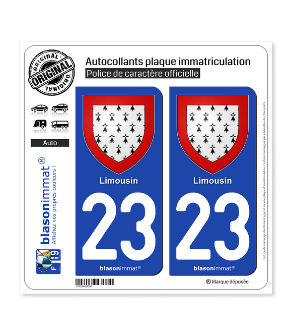 23 Limousin - Armoiries | Autocollant plaque immatriculation