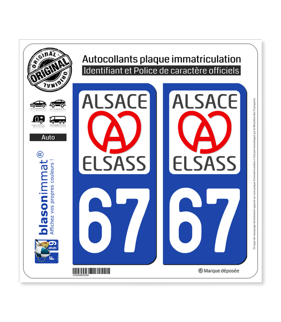 Autocollants 67 logo officiel région Alsace pour plaque