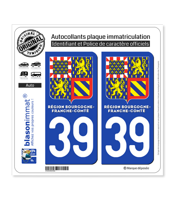2 Autocollants plaque immatriculation Armoiries 39 Bourgogne Franche Comté 