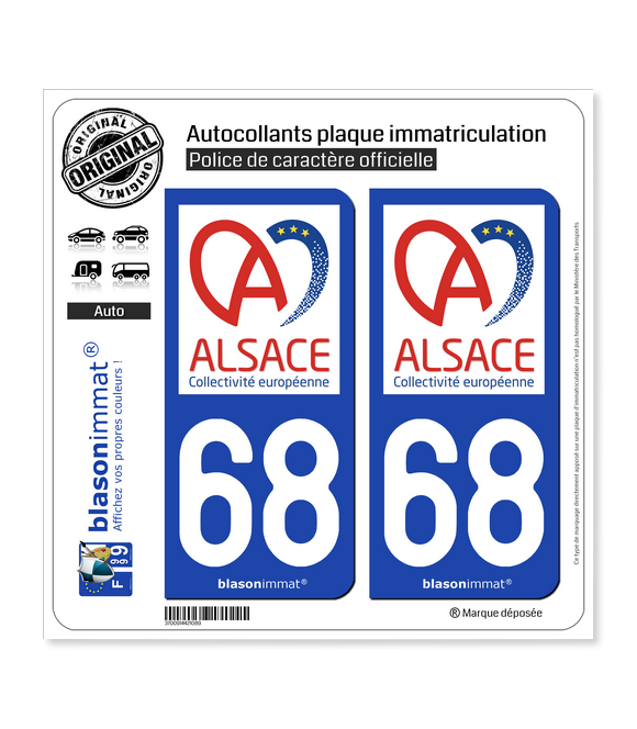 Lot De 4 Autocollants Plaque Immatriculation - Département 68 Haut-Rhin - Région Alsace