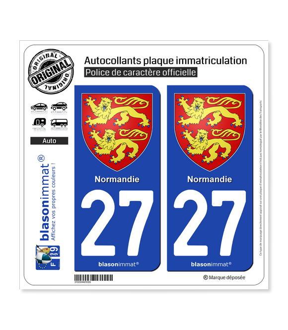 27 Normandie - Armoiries | Autocollant plaque immatriculation