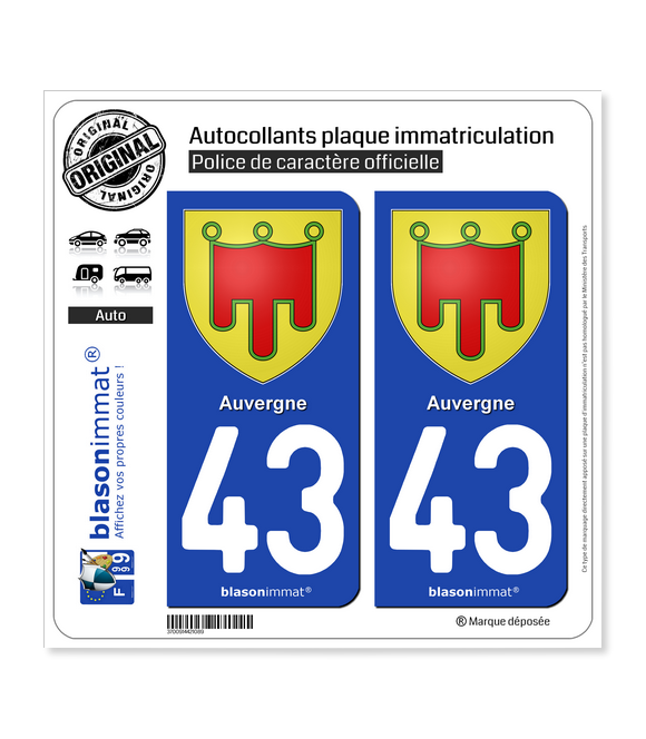43 Auvergne - Armoiries | Autocollant plaque immatriculation
