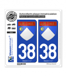 38 Alpe d'Huez - Armoiries | Autocollant plaque immatriculation (Fond Bleu)