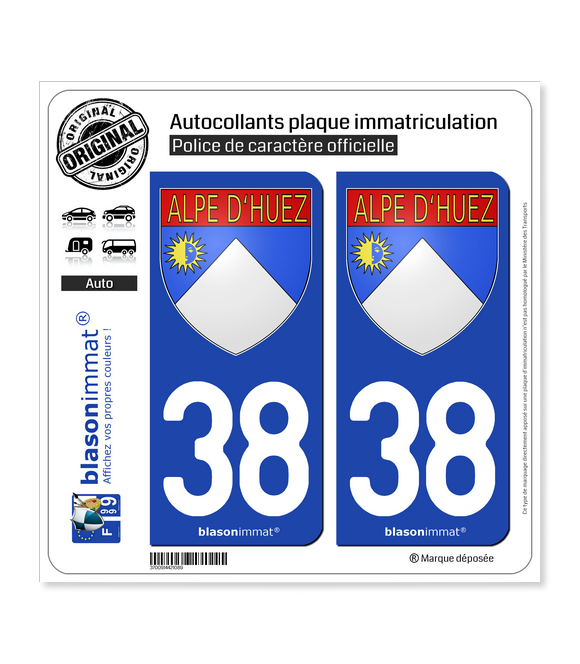 38 Alpe d'Huez - Armoiries | Autocollant plaque immatriculation (Fond Bleu)