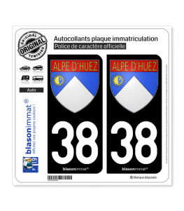 38 Alpe d'Huez - Armoiries | Autocollant plaque immatriculation (Fond Bleu)