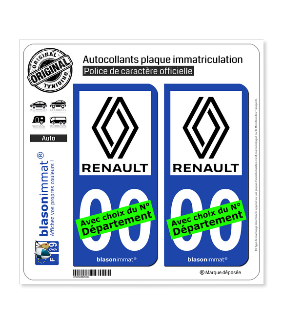 Renault - 2021 | Autocollant plaque immatriculation (Fond Bleu)