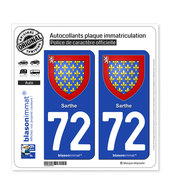 72 Sarthe - Armoiries | Autocollant plaque immatriculation (fond bleu)