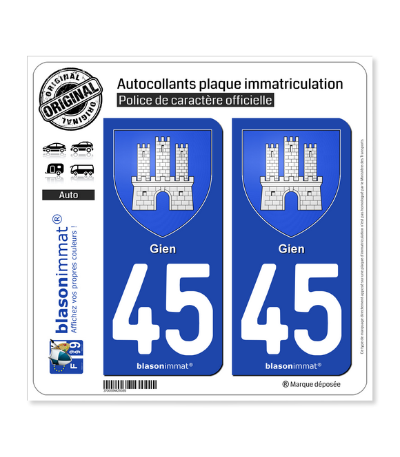 45 Gien - Armoiries | Autocollant plaque immatriculation