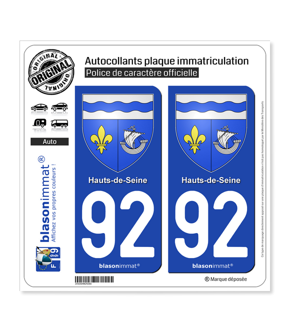 Autocollant plaque immatriculation auto Hauts de Seine 92
