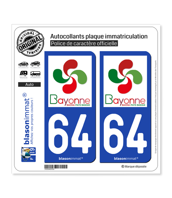 64 Bayonne - Tourisme | Autocollant plaque immatriculation