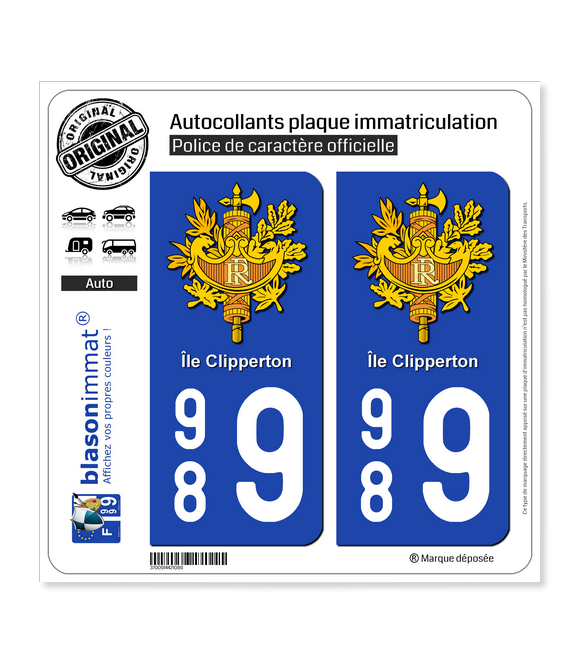 989 Ile Clipperton - Armoiries | Autocollant plaque immatriculation (fond bleu)