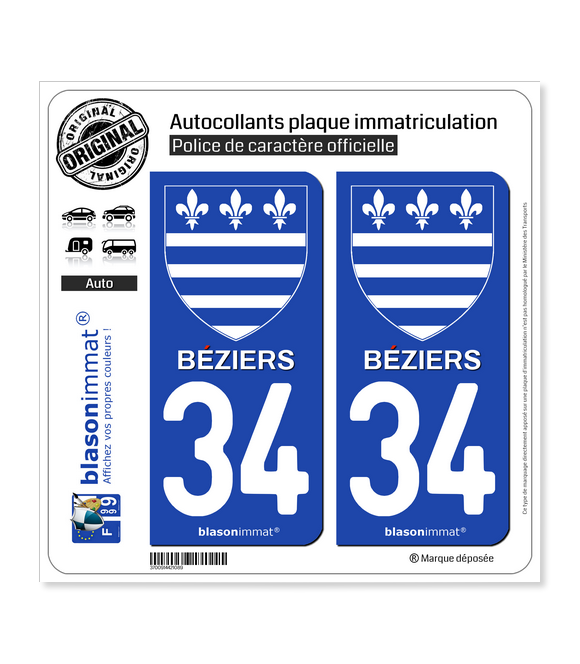 34 Béziers - Ville | Autocollant plaque immatriculation
