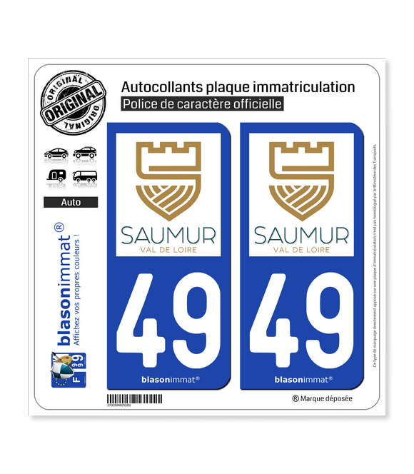 2 Stickers autocollant plaque immatriculation 49 Saumur Pays 